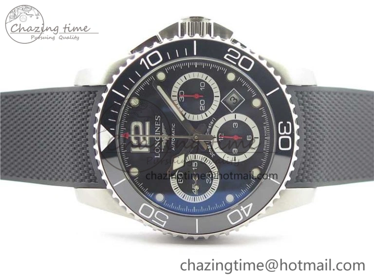HydroConquest Chrono SS Black Ceramic Bezel OXF Best Edition Black Dial on Black Rubber Strap A Snug 7577