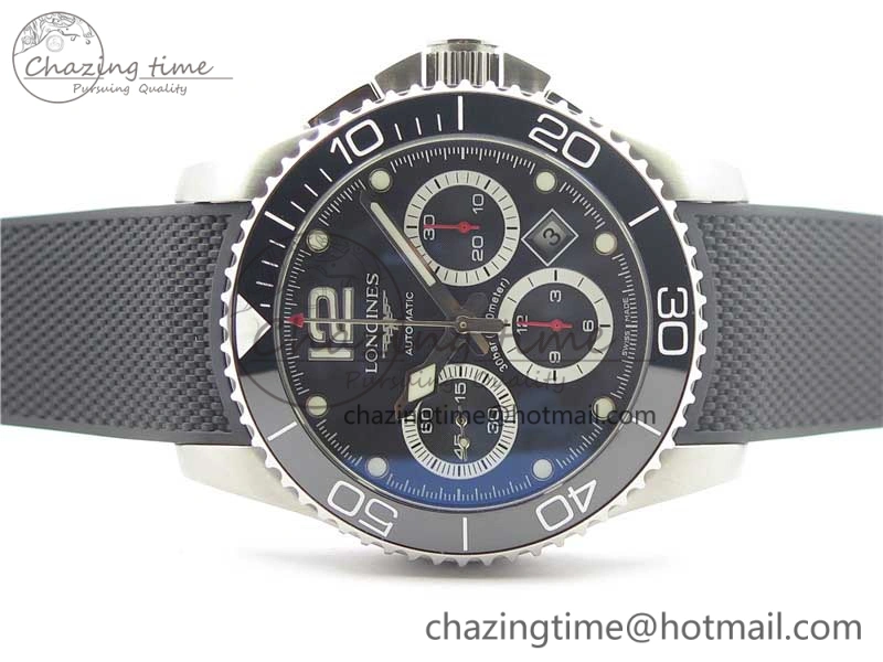 HydroConquest Chrono SS Black Ceramic Bezel OXF Best Edition Black Dial on Black Rubber Strap A Snug 7577