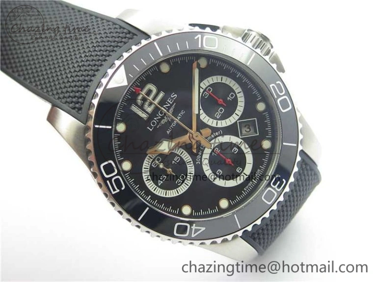 HydroConquest Chrono SS Black Ceramic Bezel OXF Best Edition Black Dial on Black Rubber Strap A Snug 7577