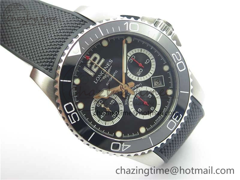 HydroConquest Chrono SS Black Ceramic Bezel OXF Best Edition Black Dial on Black Rubber Strap A Snug 7577