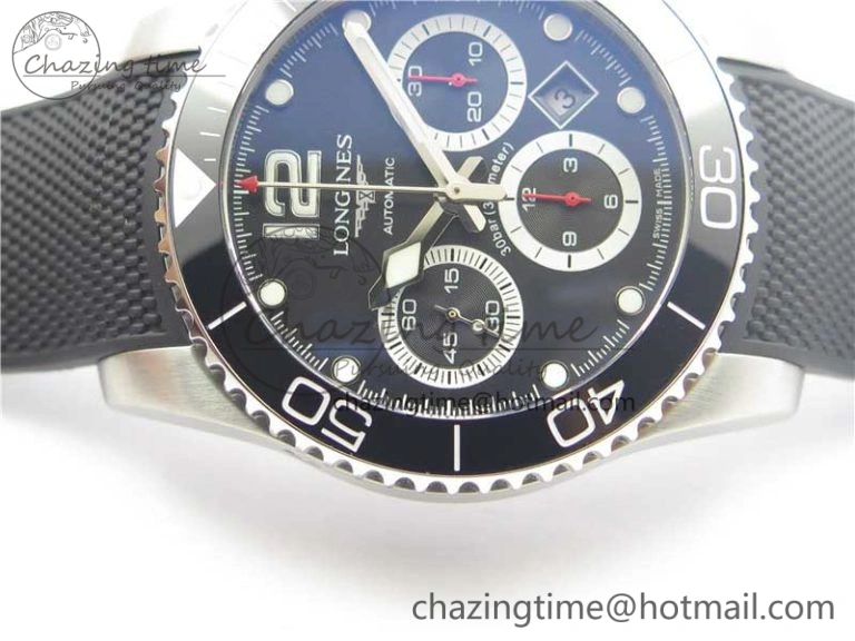 HydroConquest Chrono SS Black Ceramic Bezel OXF Best Edition Black Dial on Black Rubber Strap A Snug 7577