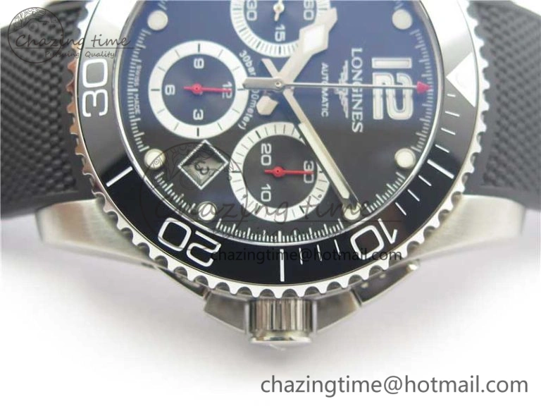 HydroConquest Chrono SS Black Ceramic Bezel OXF Best Edition Black Dial on Black Rubber Strap A Snug 7577