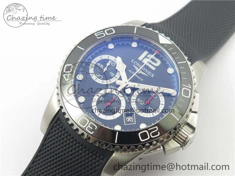 HydroConquest Chrono SS Black Ceramic Bezel OXF Best Edition Black Dial on Black Rubber Strap A Snug 7577