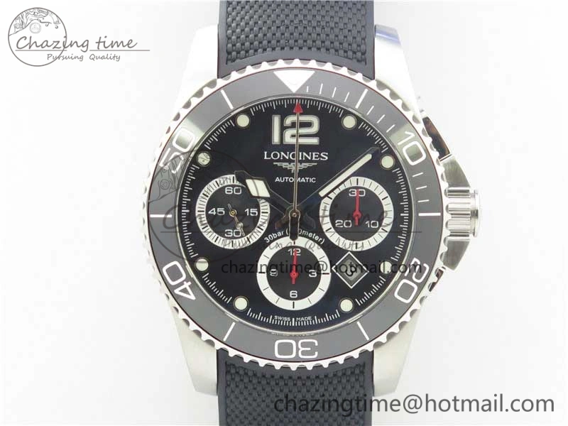 HydroConquest Chrono SS Black Ceramic Bezel OXF Best Edition Black Dial on Black Rubber Strap A Snug 7577