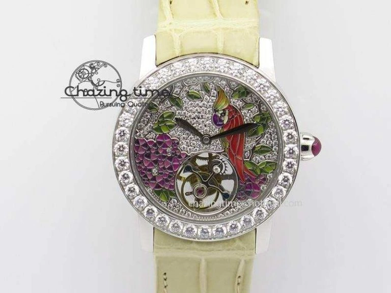 ModernLook I Giardini Di Bulgari Tourbillon Full Paved Diamonds SS Diamonds Dial On Beige Leather Strap 5840