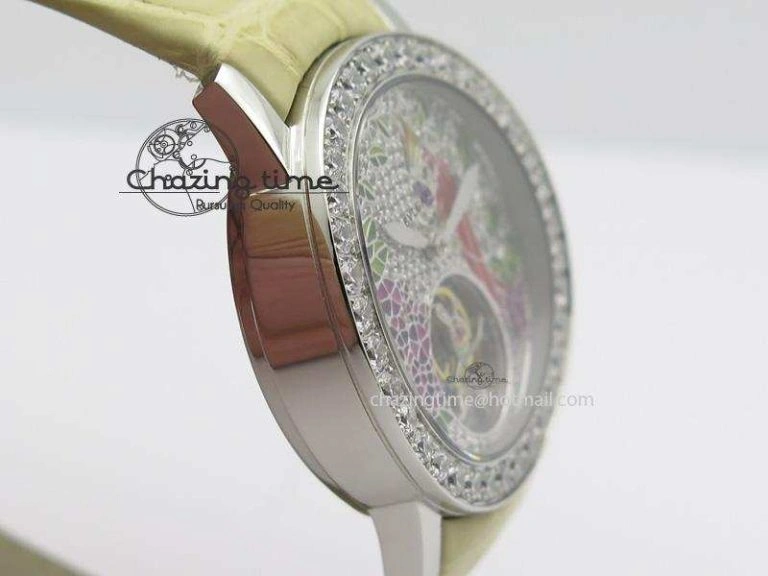 ModernLook I Giardini Di Bulgari Tourbillon Full Paved Diamonds SS Diamonds Dial On Beige Leather Strap 5840