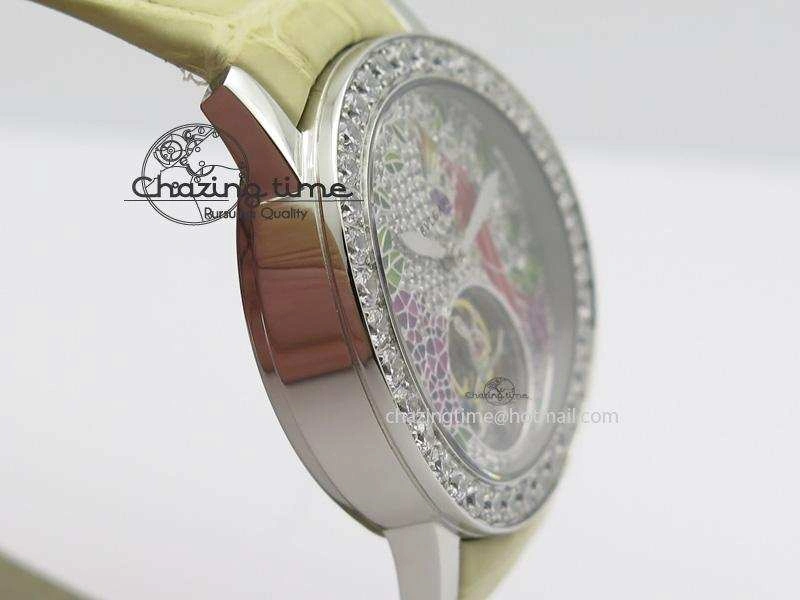ModernLook I Giardini Di Bulgari Tourbillon Full Paved Diamonds SS Diamonds Dial On Beige Leather Strap 5840