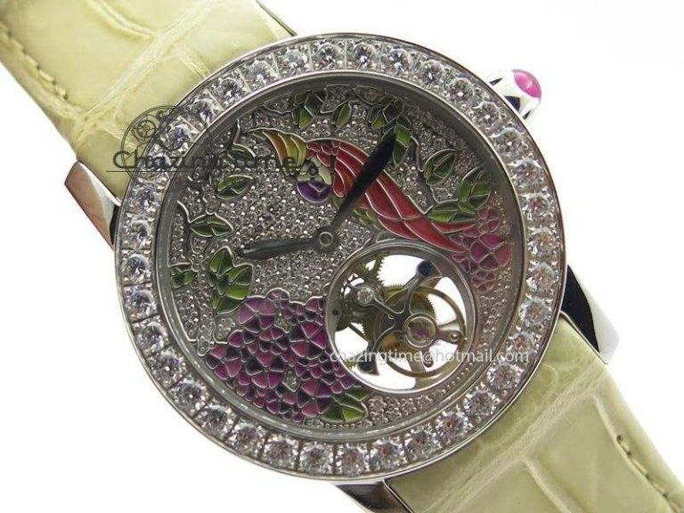 ModernLook I Giardini Di Bulgari Tourbillon Full Paved Diamonds SS Diamonds Dial On Beige Leather Strap 5840