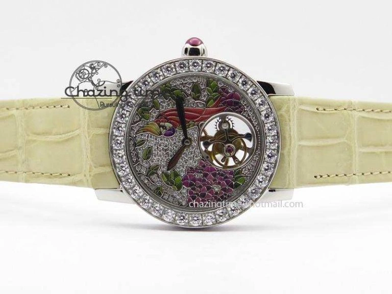 ModernLook I Giardini Di Bulgari Tourbillon Full Paved Diamonds SS Diamonds Dial On Beige Leather Strap 5840