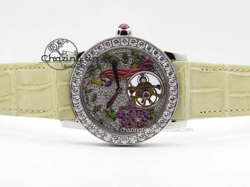 ModernLook I Giardini Di Bulgari Tourbillon Full Paved Diamonds SS Diamonds Dial On Beige Leather Strap 5840