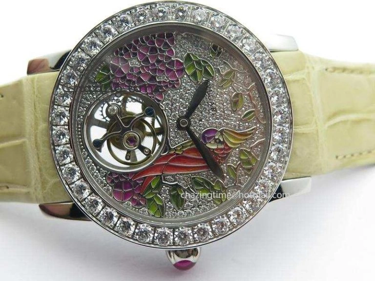 ModernLook I Giardini Di Bulgari Tourbillon Full Paved Diamonds SS Diamonds Dial On Beige Leather Strap 5840