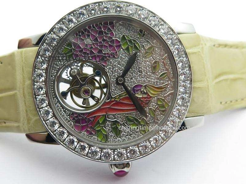 ModernLook I Giardini Di Bulgari Tourbillon Full Paved Diamonds SS Diamonds Dial On Beige Leather Strap 5840
