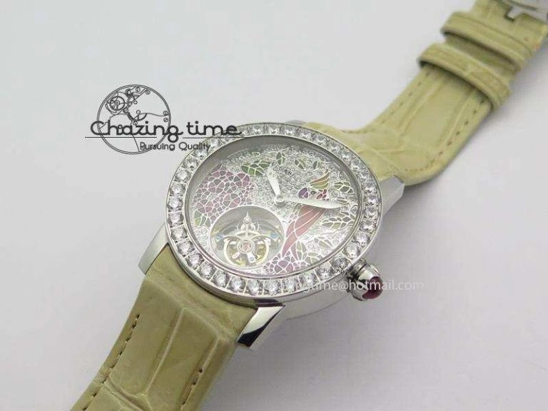 ModernLook I Giardini Di Bulgari Tourbillon Full Paved Diamonds SS Diamonds Dial On Beige Leather Strap 5840
