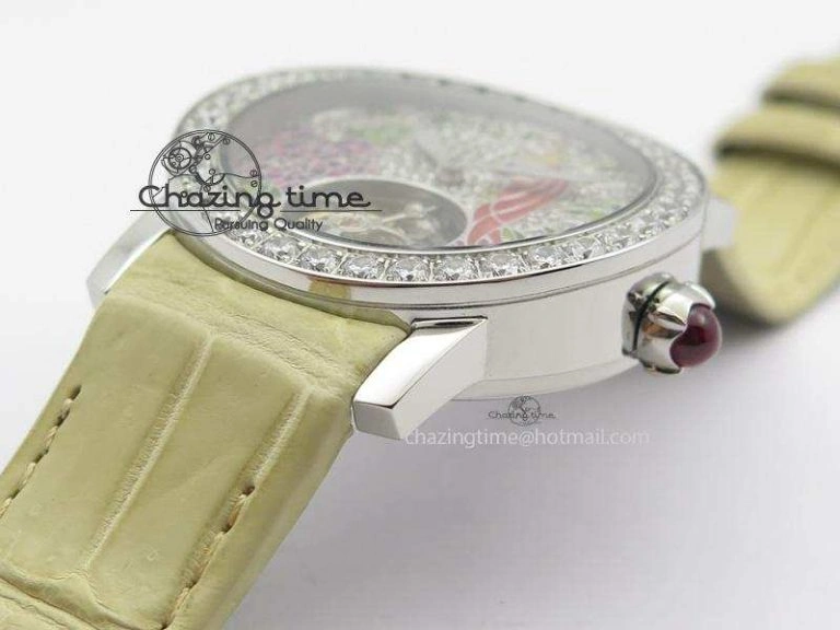 ModernLook I Giardini Di Bulgari Tourbillon Full Paved Diamonds SS Diamonds Dial On Beige Leather Strap 5840
