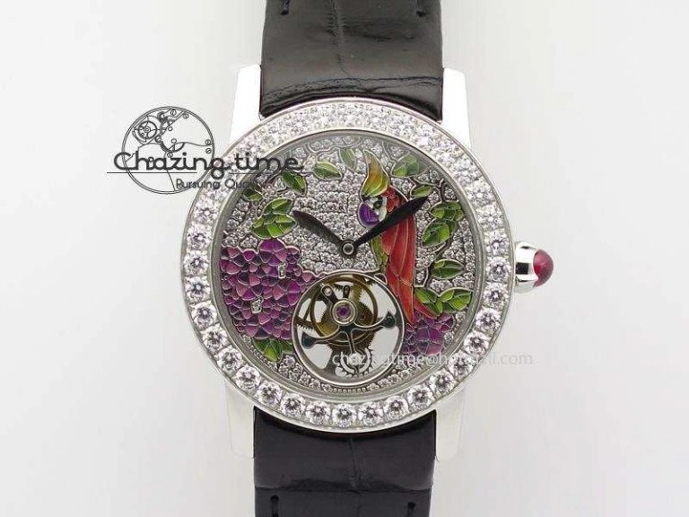 Practical I Giardini Di Bulgari Tourbillon Full Paved Diamonds SS Diamonds Dial On Black Leather Strap 5842