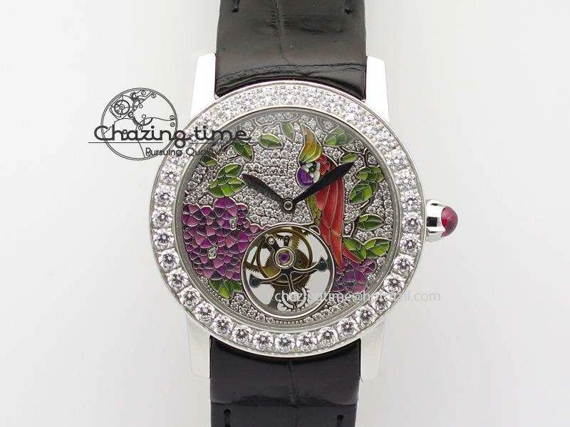 Practical I Giardini Di Bulgari Tourbillon Full Paved Diamonds SS Diamonds Dial On Black Leather Strap 5842