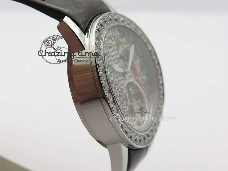 Practical I Giardini Di Bulgari Tourbillon Full Paved Diamonds SS Diamonds Dial On Black Leather Strap 5842