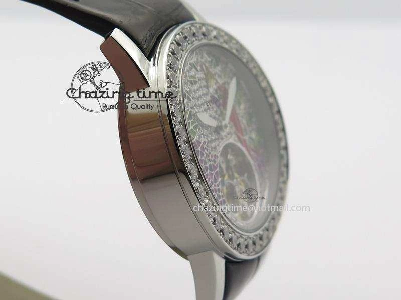 Practical I Giardini Di Bulgari Tourbillon Full Paved Diamonds SS Diamonds Dial On Black Leather Strap 5842