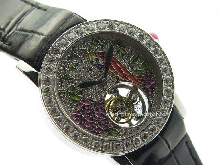 Practical I Giardini Di Bulgari Tourbillon Full Paved Diamonds SS Diamonds Dial On Black Leather Strap 5842