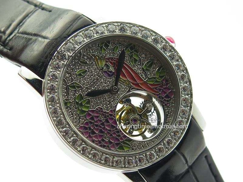 Practical I Giardini Di Bulgari Tourbillon Full Paved Diamonds SS Diamonds Dial On Black Leather Strap 5842