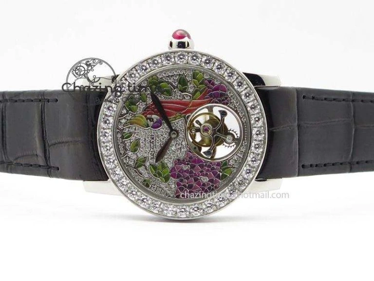 Practical I Giardini Di Bulgari Tourbillon Full Paved Diamonds SS Diamonds Dial On Black Leather Strap 5842