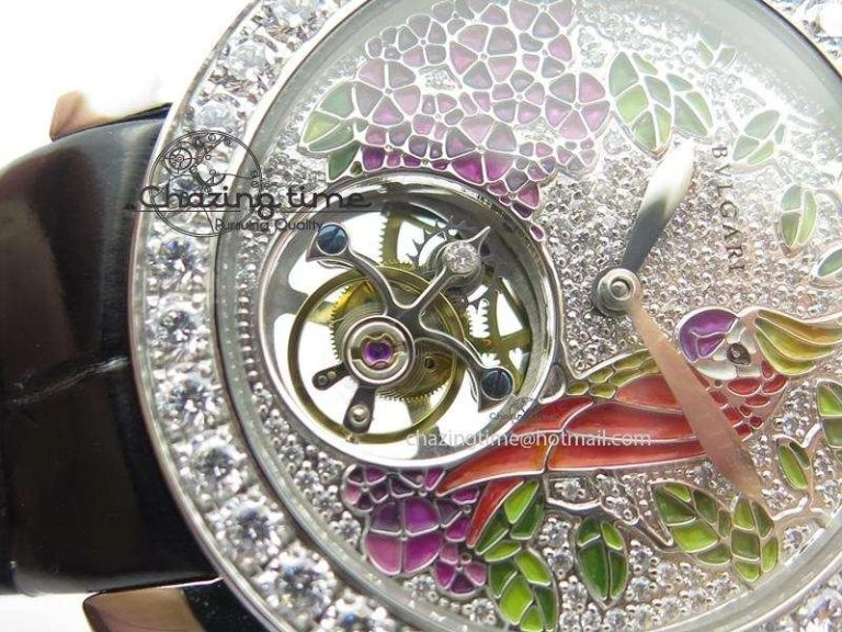 Practical I Giardini Di Bulgari Tourbillon Full Paved Diamonds SS Diamonds Dial On Black Leather Strap 5842