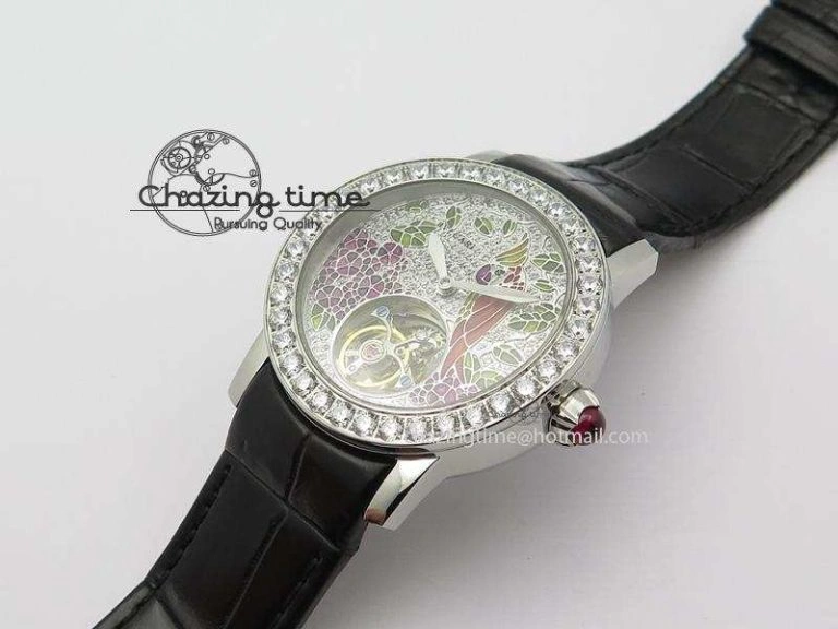 Practical I Giardini Di Bulgari Tourbillon Full Paved Diamonds SS Diamonds Dial On Black Leather Strap 5842