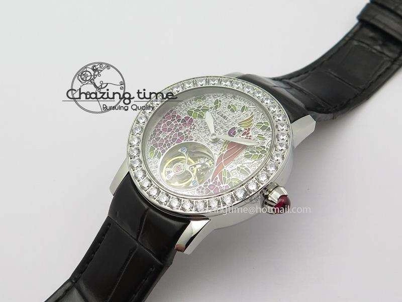 Practical I Giardini Di Bulgari Tourbillon Full Paved Diamonds SS Diamonds Dial On Black Leather Strap 5842