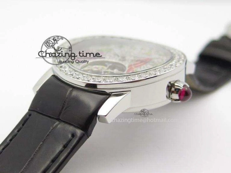 Practical I Giardini Di Bulgari Tourbillon Full Paved Diamonds SS Diamonds Dial On Black Leather Strap 5842