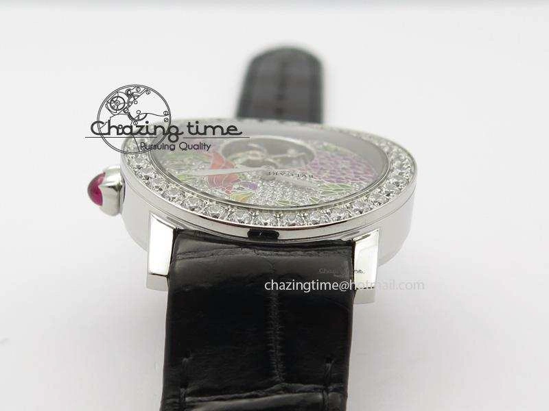 Practical I Giardini Di Bulgari Tourbillon Full Paved Diamonds SS Diamonds Dial On Black Leather Strap 5842