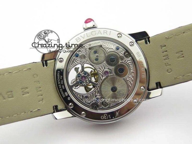 Practical I Giardini Di Bulgari Tourbillon Full Paved Diamonds SS Diamonds Dial On Black Leather Strap 5842