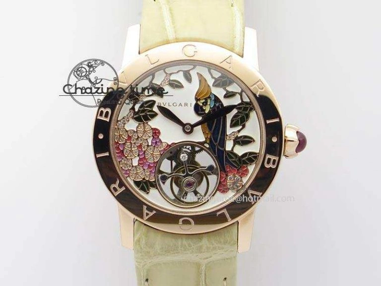 ZeroBulk I Giardini Di Bulgari Tourbillon RG Parrot Dial On Beige Croco Strap 5839