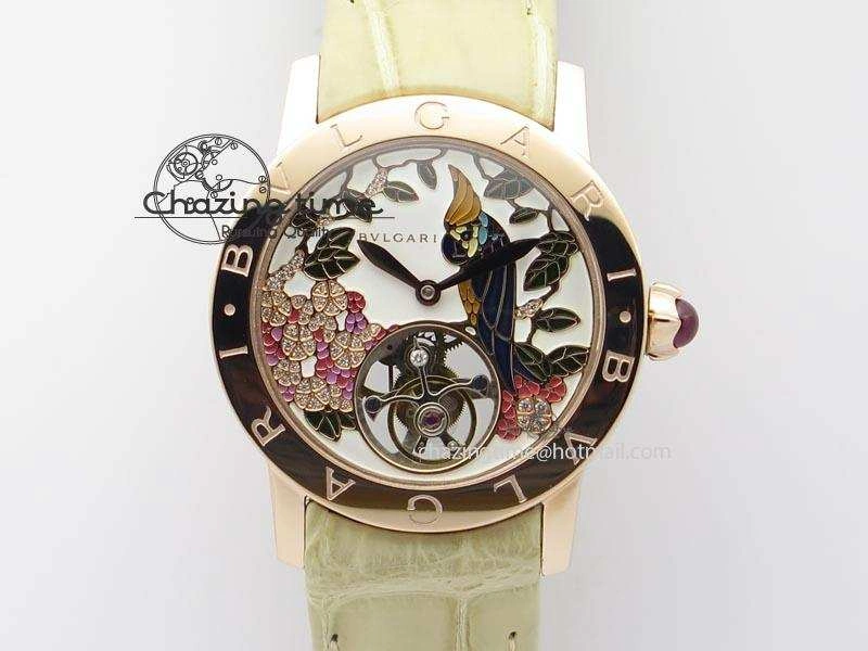 ZeroBulk I Giardini Di Bulgari Tourbillon RG Parrot Dial On Beige Croco Strap 5839