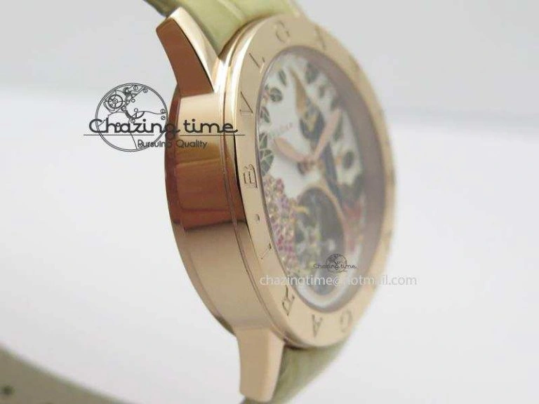 ZeroBulk I Giardini Di Bulgari Tourbillon RG Parrot Dial On Beige Croco Strap 5839