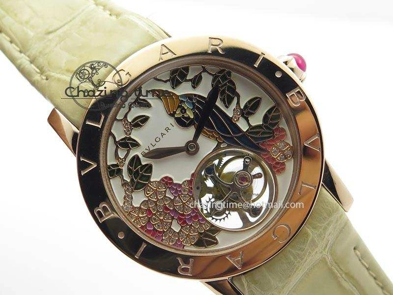 ZeroBulk I Giardini Di Bulgari Tourbillon RG Parrot Dial On Beige Croco Strap 5839