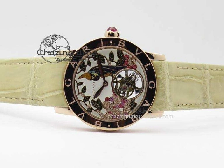 ZeroBulk I Giardini Di Bulgari Tourbillon RG Parrot Dial On Beige Croco Strap 5839