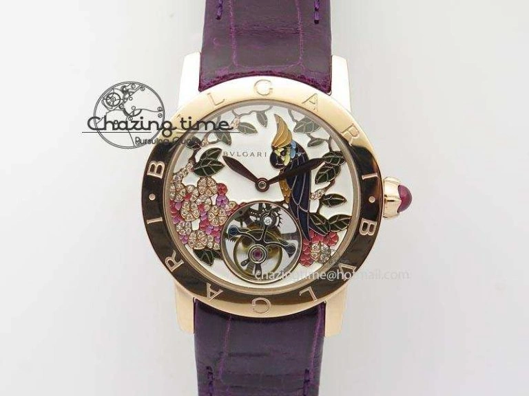 ZeroBulk I Giardini Di Bulgari Tourbillon RG Parrot Dial On Beige Croco Strap 5839