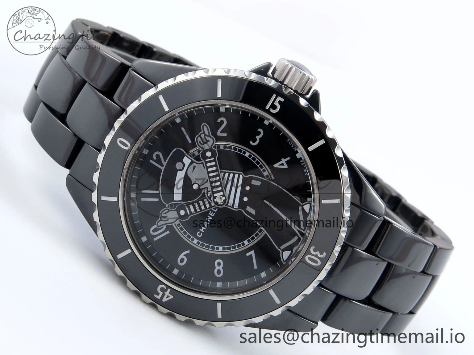 OnTrend J13 33mm Black Ceramic HTF 1:1 Best Edition Black Boy Pattern Dial on Bracelet A12. 6437