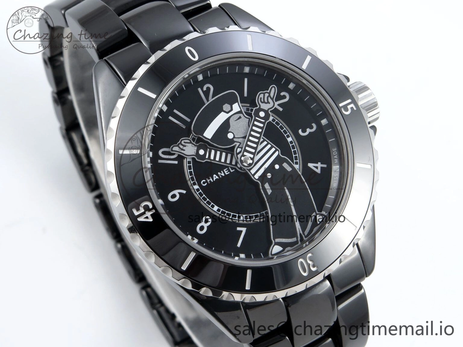 OnTrend J13 33mm Black Ceramic HTF 1:1 Best Edition Black Boy Pattern Dial on Bracelet A12. 6437
