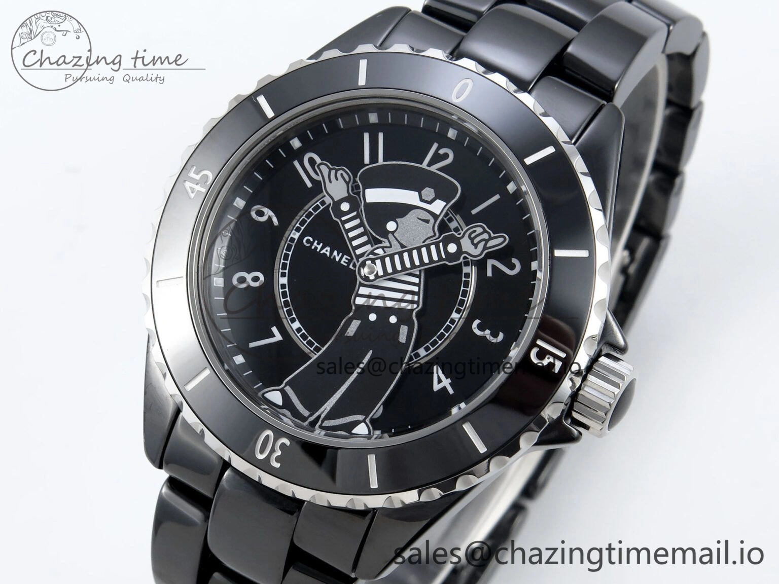 OnTrend J13 33mm Black Ceramic HTF 1:1 Best Edition Black Boy Pattern Dial on Bracelet A12. 6437