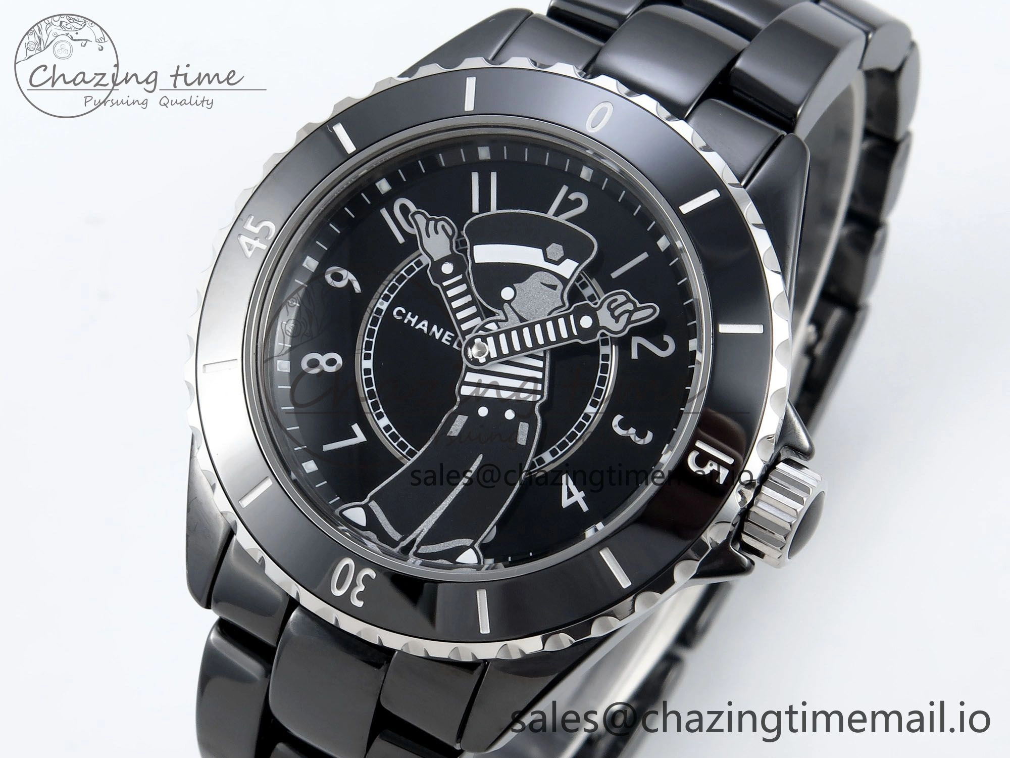 OnTrend J13 33mm Black Ceramic HTF 1:1 Best Edition Black Boy Pattern Dial on Bracelet A12. 6437