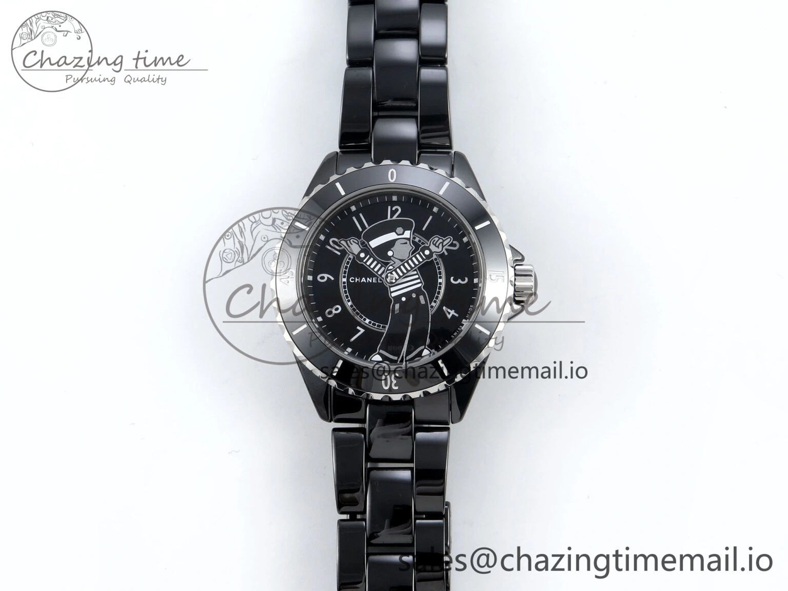OnTrend J13 33mm Black Ceramic HTF 1:1 Best Edition Black Boy Pattern Dial on Bracelet A12. 6437