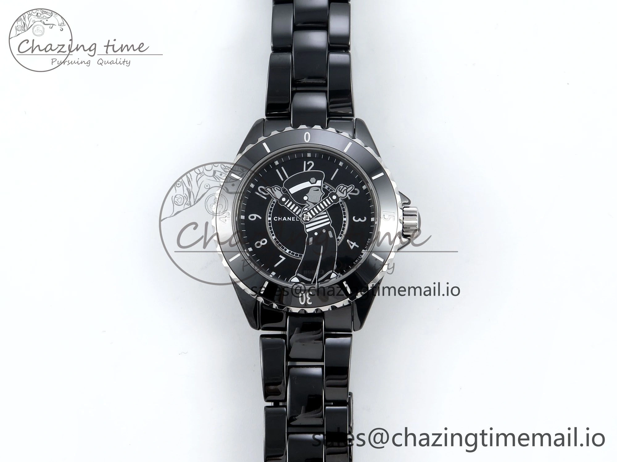 OnTrend J13 33mm Black Ceramic HTF 1:1 Best Edition Black Boy Pattern Dial on Bracelet A12. 6437