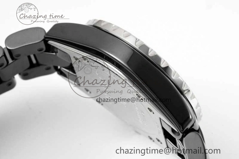 Chic J13 33mm Black Ceramic HTF 1:1 Best Edition Black Dial Diamonds Markers on Bracelet Swiss Quartz 6479