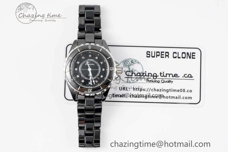 Chic J13 33mm Black Ceramic HTF 1:1 Best Edition Black Dial Diamonds Markers on Bracelet Swiss Quartz 6479