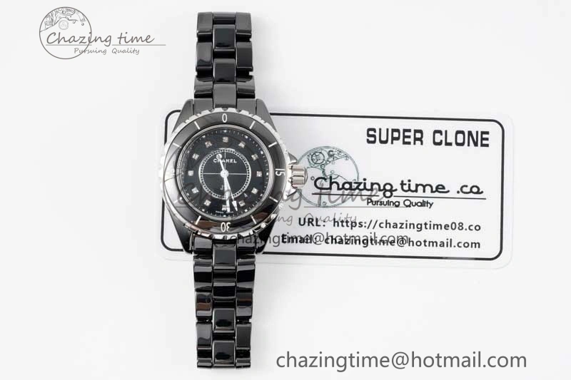 Chic J13 33mm Black Ceramic HTF 1:1 Best Edition Black Dial Diamonds Markers on Bracelet Swiss Quartz 6479