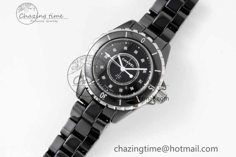 Chic J13 33mm Black Ceramic HTF 1:1 Best Edition Black Dial Diamonds Markers on Bracelet Swiss Quartz 6479