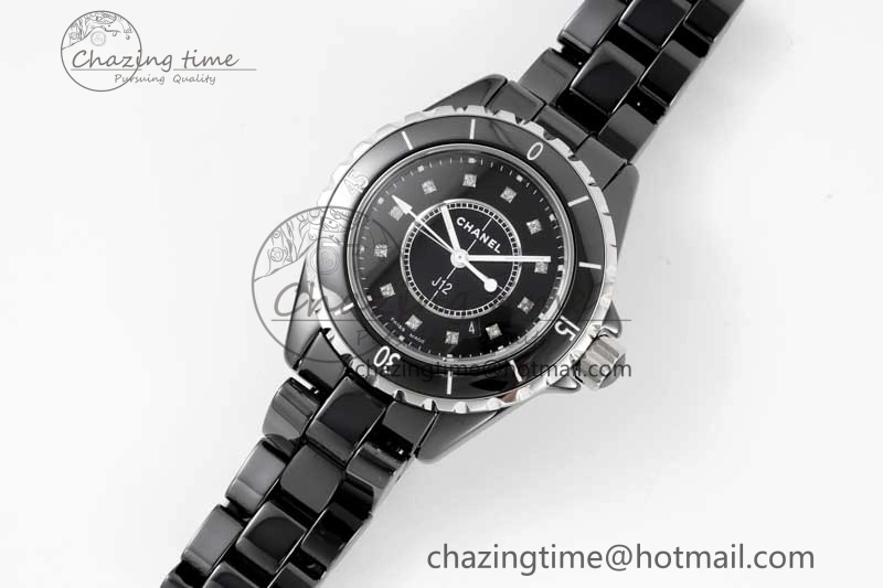 Chic J13 33mm Black Ceramic HTF 1:1 Best Edition Black Dial Diamonds Markers on Bracelet Swiss Quartz 6479