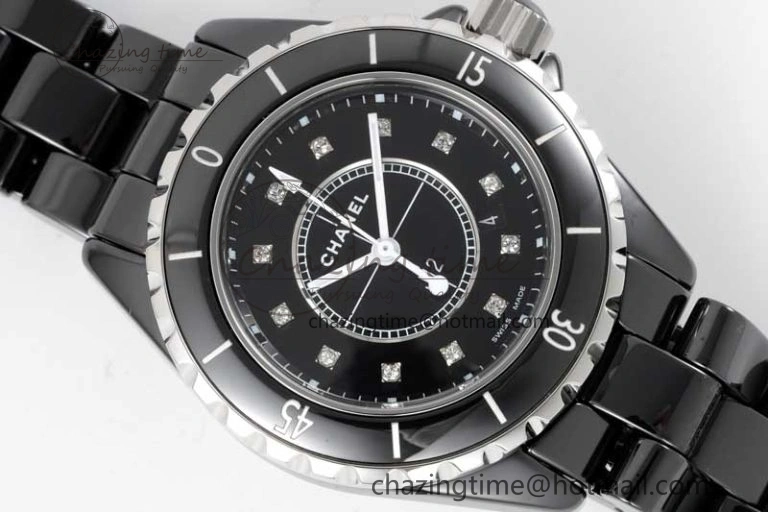 Chic J13 33mm Black Ceramic HTF 1:1 Best Edition Black Dial Diamonds Markers on Bracelet Swiss Quartz 6479