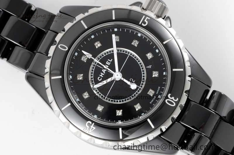 Chic J13 33mm Black Ceramic HTF 1:1 Best Edition Black Dial Diamonds Markers on Bracelet Swiss Quartz 6479